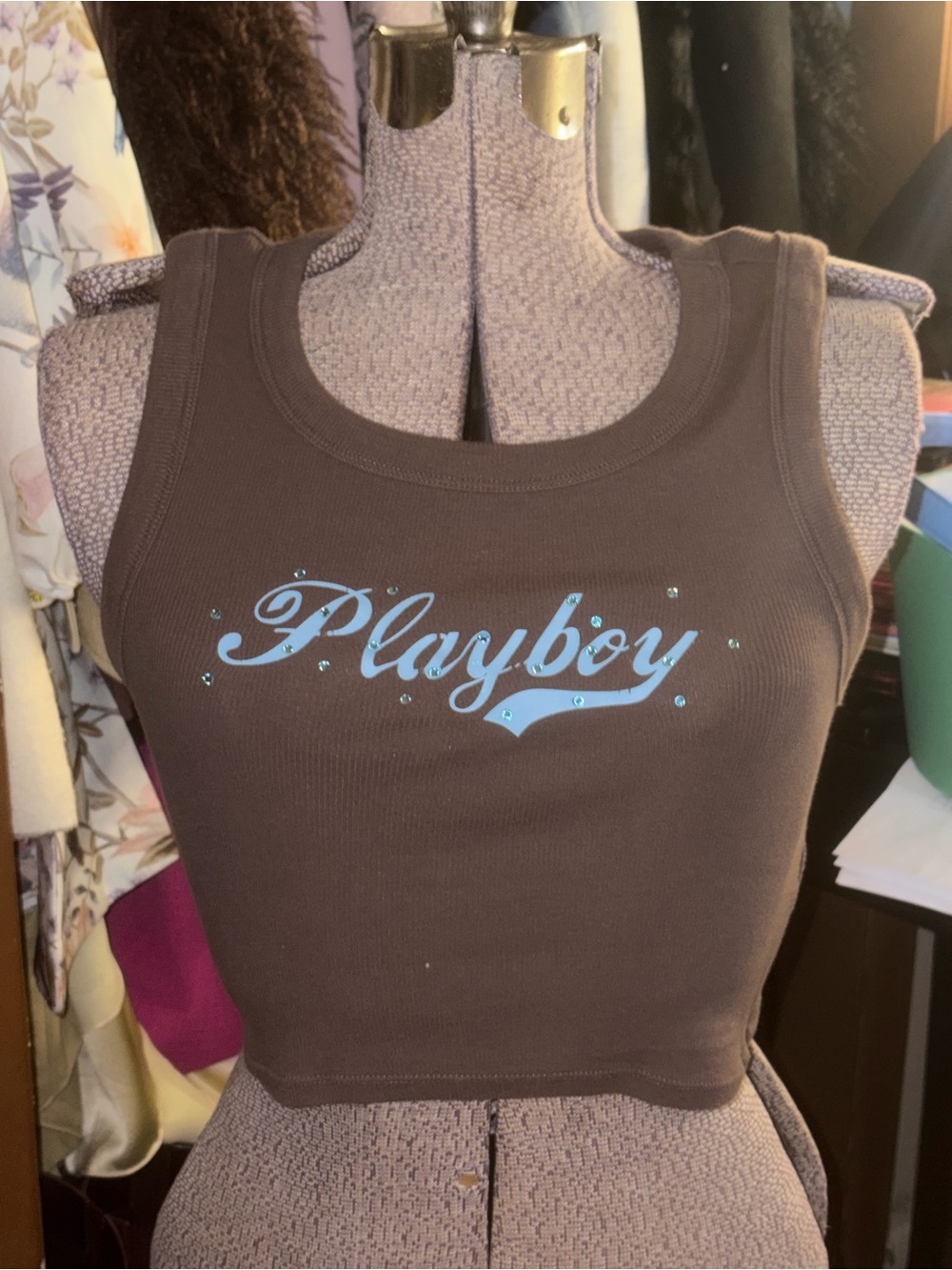 PLAYBOY Brown Tank Top with Light Blue Logo